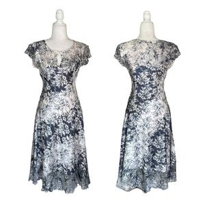 Komarov White Black Crinkle Floral Silky Short Sleeve Midi Dress Large